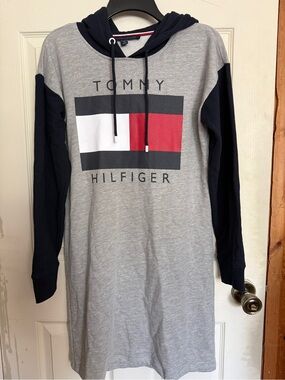 Tommy Hilfiger Grey Hoodie Dress with Navy Sleeves and Red White Logo